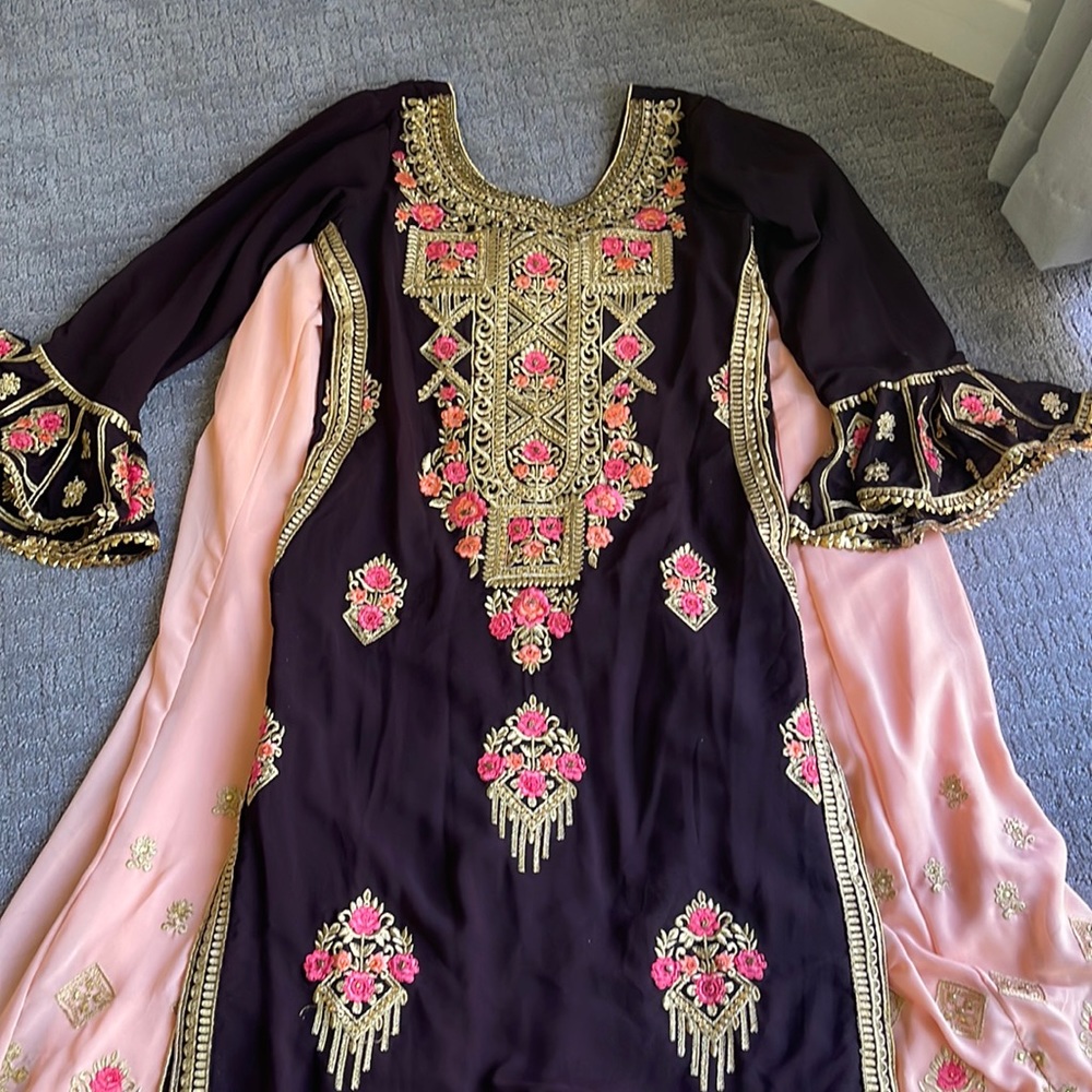 Brown sharara embroidery suit